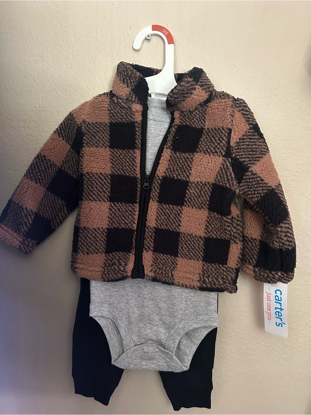 New* Carter's Brown & Black Buffalo Plaid Sherpa Jacket Set (3pc)